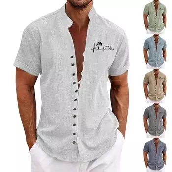 Мужская ретро повседневная свободная рубашка с короткими рукавами и принтом, модный топ с воротником-стойкой L