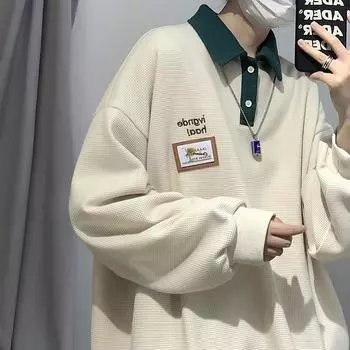 Мужская ретро японская рубашка-поло свободного кроя с вафельным узором и отворотом - осенний повседневный тренд M абрикосовый