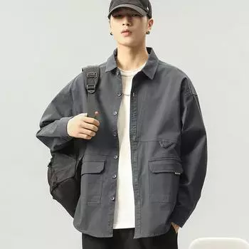 Мужская ретро-рубашка с длинным рукавом — свободный крой, идеально подходит для весны и осени M темно-серого