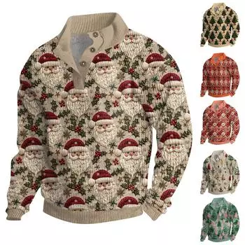 Мужская рождественская хлопковая рубашка-пуловер с длинным рукавом для активного отдыха, винтажная вельветовая рубашка с воротником-стойкой и пуговицами, повседневная толстовка с рождественским принтом L верблюд