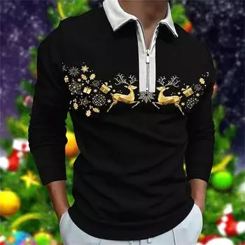 Мужская рождественская новая рубашка поло с длинными рукавами с лацканами, осенние мужские повседневные топы S чёрный