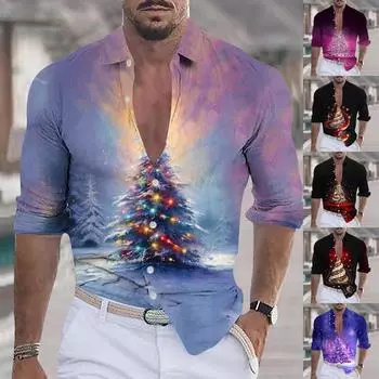 Мужская рождественская повседневная свободная рубашка с длинными рукавами и принтом XXXL фиолетовый