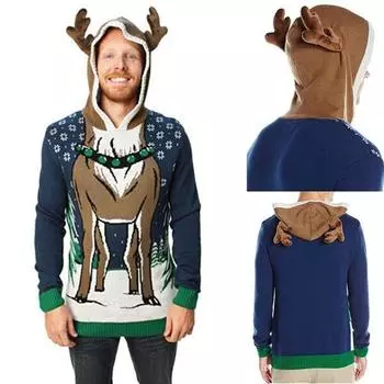 Мужская рождественская зимняя теплая толстовка с капюшоном и принтом рогов оленя S чёрный