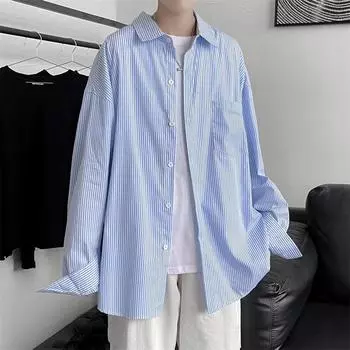Мужская рубашка 2023 года в японском стиле с длинным рукавом в синюю полоску, стиль Harajuku Hong Kong 2XL серый