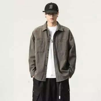 Мужская рубашка American Retro Tooling с длинными рукавами, свободная хлопковая рубашка, повседневная куртка для сезона M серый