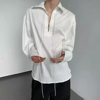Мужская рубашка белого цвета с длинным рукавом, лацканами, воротником на шнуровке, пуловер, вертикальные полосы, текстура, украшение, повседневная рубашка, рабочая одежда L белый