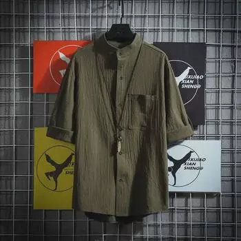 Мужская рубашка больших размеров в японском стиле с воротником-стойкой и короткими рукавами, однотонная 5XL