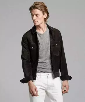 Мужская рубашка черная замша ручная работа натуральная кожа модная стильная мягкая повседневная S чёрный