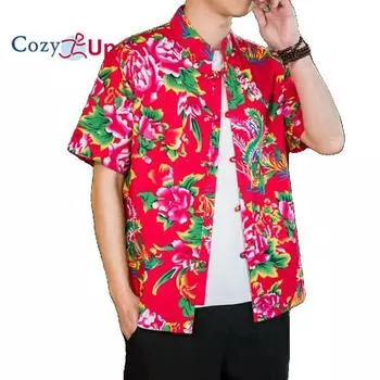 Мужская рубашка Cosy Up в стиле ретро на пуговицах с короткими рукавами и цветком пиона M красный