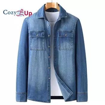 Уютная мужская джинсовая рубашка с длинным рукавом и двумя карманами в стиле ретро для мужчин L синий