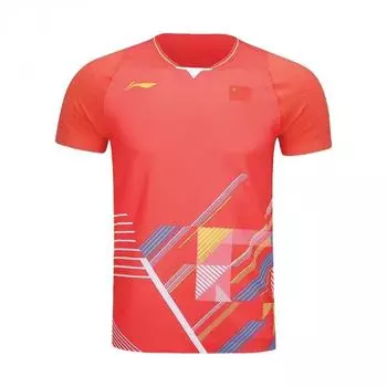 Мужская рубашка для бадминтона Li Ning с V-образным вырезом, быстросохнущая, с коротким рукавом, красная AAYT581-2 M