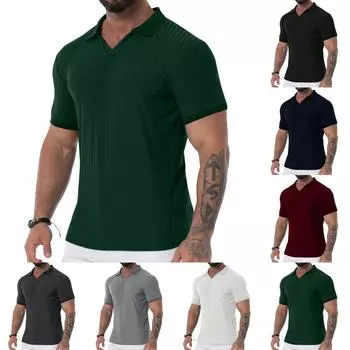 Мужская рубашка для гольфа, повседневная спортивная, с V-образным вырезом, ребристый воротник, с коротким рукавом, модная, повседневная, однотонная, однотонная, весна-лето, стандартная посадка L чёрный