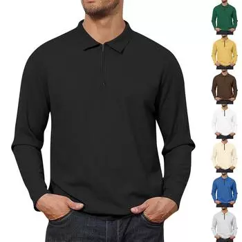 Мужская рубашка для гольфа, повседневная спортивная, с V-образным вырезом, ребристый воротник, с длинным рукавом, модная, повседневная, однотонная, однотонная, весна-лето, стандартная посадка L чёрный