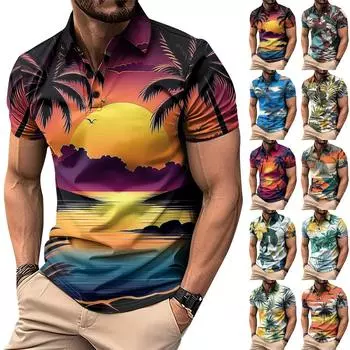 Мужская рубашка для гольфа с гавайским принтом, повседневная спортивная, с V-образным вырезом и коротким рукавом L чёрный