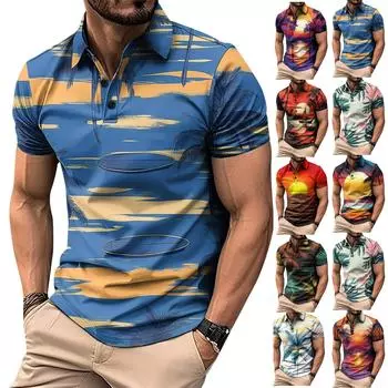 Мужская рубашка для гольфа с гавайским принтом, повседневная спортивная, с V-образным вырезом и коротким рукавом XL