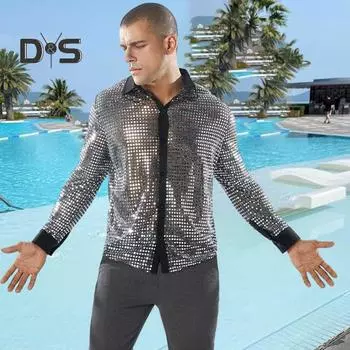 Мужская рубашка для клубной вечеринки в стиле диско, блестящая, облегающая, с пайетками на лацканах, однобортная, с длинными рукавами, в стиле 70-х годов L чёрный