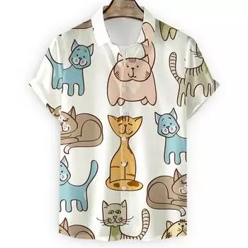 Мужская рубашка для мужчин с милым 3D-принтом мультяшного кота, классная летняя гавайская рубашка с коротким рукавом и пуговицами, свободная праздничная пляжная рубашка, одежда S