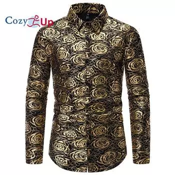 Мужская рубашка для ночного клуба Cozy Up, блестящая, с цветочным принтом, с длинным рукавом, на пуговицах, для праздничных вечеринок, без складок S серебряный