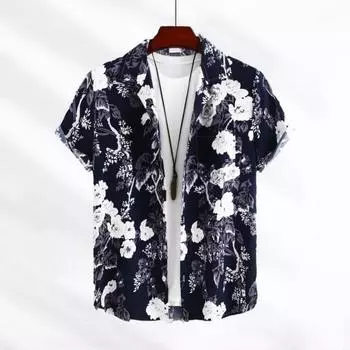 Мужская рубашка для отпуска с цветочным принтом и лацканами с коротким рукавом, свободный однобортный накладной карман средней длины 3XL чёрный