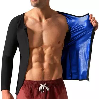 Мужская рубашка для сауны, толстовка на молнии с длинными рукавами, тренировочная майка, корректирующая одежда, бодибилдинг, костюм для сауны, толстовка для похудения, формирователь тела L чёрный/синий