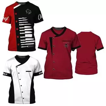 Мужская рубашка для шеф-повара, стильная, с контрастным принтом, круглым вырезом и коротким рукавом, дышащая униформа для кухонного персонала M белый/чёрный