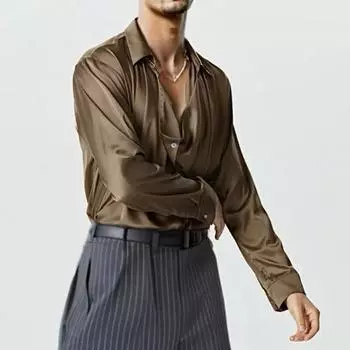 Мужская рубашка для вечеринки с мешковатым дизайном спереди, атласная тонкая, во французском стиле, однотонная S серый