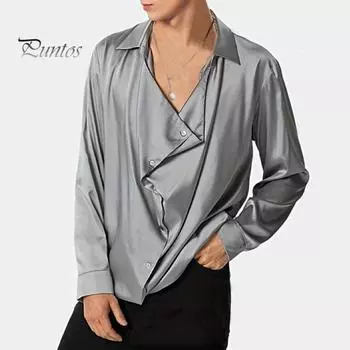 Мужская рубашка для вечеринок, свободная, с длинным рукавом, сатиновая, тонкая, во французском стиле, однотонная, с лацканами, однобортная, повседневная рубашка S серый