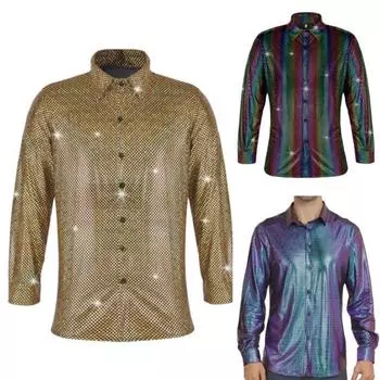 Мужская рубашка для выступлений с блестящей поверхностью и отложным воротником, однобортная рубашка с длинными рукавами и пуговицами, атласная рубашка для клубной вечеринки, дискотека, сценическое шоу L