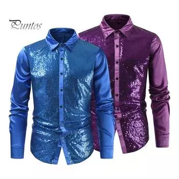 Мужская рубашка для выступлений с блестящими пайетками и отложным воротником, однобортная, с длинными рукавами и пуговицами, атласная клубная вечеринка, сценическое шоу M синий