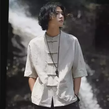 Мужская рубашка Dulou Tang в стиле ретро с коротким рукавом и воротником-стойкой из льна в китайском стиле 5XL бежевый