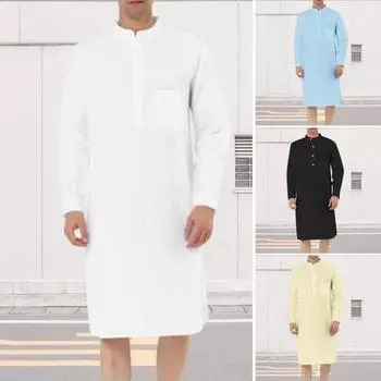 Мужская рубашка, халат с длинным рукавом и воротником-стойкой, накладной карман, полуоднобортный однобортный однотонный мужской топ до колена на весну и осень XL светло-синий