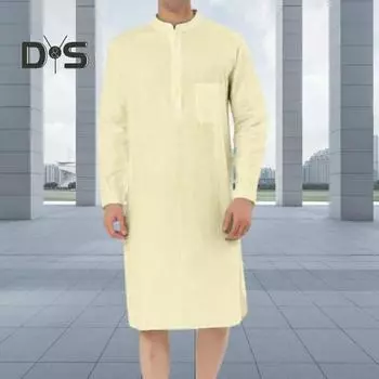 Мужская рубашка-халат с длинным рукавом, воротником-стойкой, накладным карманом, однобортная, однотонная, длиной до колена, мужская весна-осень M белый