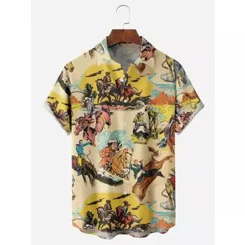 Мужская рубашка Hawaiian Cowboy с крутым цифровым принтом 3D размера плюс, мужская верхняя одежда Western America с карманом в винтажном стиле, летняя верхняя одежда XXXL
