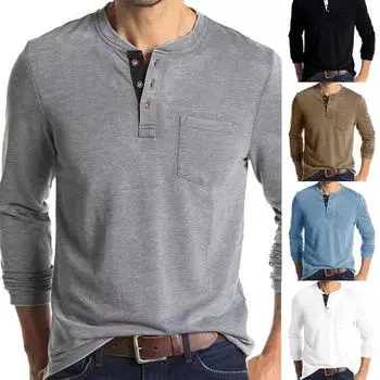 Мужская рубашка Henley с длинным рукавом, повседневный мешковатый пуловер на пуговицах, однотонные футболки, топы S белый