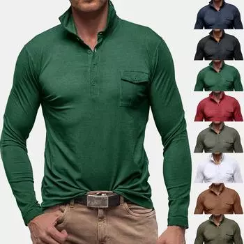 Мужская рубашка Henley с длинным рукавом, топы с воротником Grandad, блузка, футболки на пуговицах