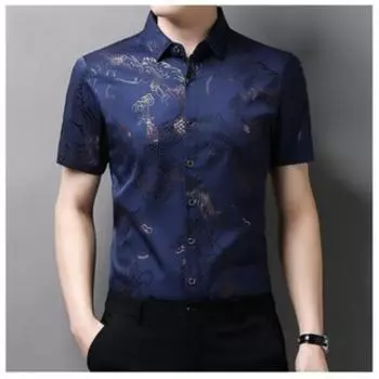 Мужская рубашка Ice Silk, повседневная рубашка с короткими рукавами и тонкими лацканами, модная рубашка с жаккардовым узором «Дракон» и короткими рукавами для мужчин M