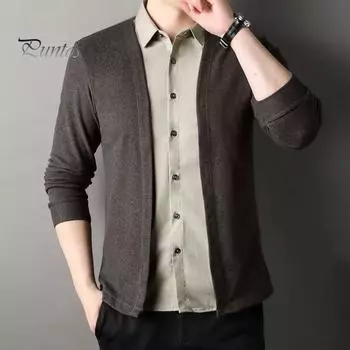 Мужская рубашка, имитация двухкомпонентного кардигана с отложным воротником, однобортная модель с длинными рукавами, подходящая по цвету, трикотажный официальный деловой стиль, топ M зелёный