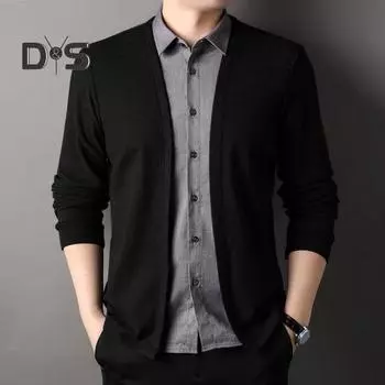 Мужская рубашка, имитация двухкомпонентного кардигана с отложным воротником, однобортная модель с длинными рукавами, подходящая по цвету, трикотажный официальный деловой стиль, топ M зелёный