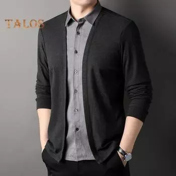 Мужская рубашка, имитация двухкомпонентного кардигана с отложным воротником, однобортная модель с длинными рукавами, подходящая по цвету, трикотажный официальный деловой стиль, топ M коричневый