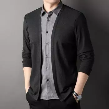 Мужская рубашка, имитация двухкомпонентного кардигана с отложным воротником, однобортная, с длинными рукавами, подходящая по цвету, трикотажная, формальный деловой стиль M зелёный