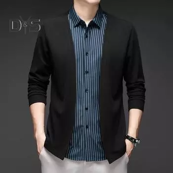 Мужская рубашка, имитация двухкомпонентного кардигана с отложным воротником, однобортная, в полоску, с длинными рукавами, подходящего цвета, трикотажный, деловой стиль, топ M синий