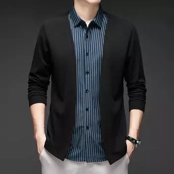 Мужская рубашка, имитация двухкомпонентного кардигана с отложным воротником, однобортная, в полоску, с длинными рукавами, подходящего цвета, трикотажный, деловой стиль, топ M красный