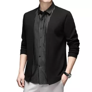 Мужская рубашка, имитация двухкомпонентного кардигана с отложным воротником, однобортная, в полоску, с длинными рукавами, подходящего цвета, трикотажный, деловой стиль, топ M чёрный