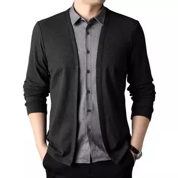 Мужская рубашка, имитация двухкомпонентного кардигана с отложным воротником, однобортная модель с длинными рукавами, подходящая по цвету, трикотажный официальный деловой стиль, топ M зелёный