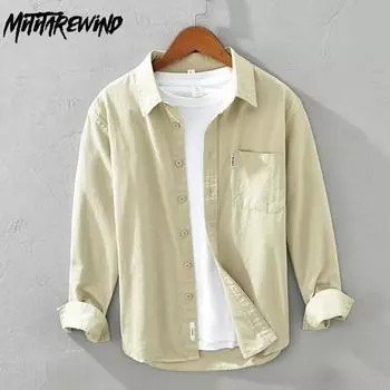 100% хлопок Мужская рубашка весна-лето повседневные топы с нагрудным квадратным воротником однотонные рубашки с длинным рукавом простой стиль мужская рубашка универсальная M хаки
