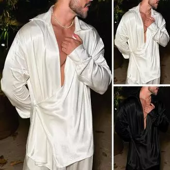 Мужская рубашка из атласа с мешковатым фасоном, отложным воротником, нестандартным дизайном, перекрестной застежкой, средней длины, для вечеринок, ночных клубов, для мускулистых мужчин, для выступлений S белый