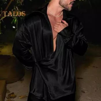 Мужская рубашка из атласа с мешковатым фасоном, отложным воротником, нестандартным дизайном, перекрестной застежкой, средней длины, для вечеринок, ночных клубов, для мускулистых мужчин, для выступлений S чёрный