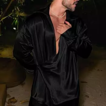 Мужская рубашка из атласа с мешковатым фасоном, отложным воротником, нестандартным дизайном, крестообразной застежкой, средней длины S белый