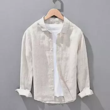 Мужская рубашка из цветного льна с длинным рукавом в корейском стиле — дышащая, свободная, повседневная, на все сезоны M - Recommended Weight 80-95 lbs