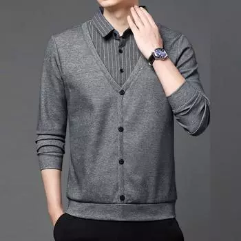 Мужская рубашка из двух предметов, осенне-зимняя полосатая лоскутная рубашка с воротником с лацканами, топ для папы, теплый повседневный вязаный свитер M чёрный